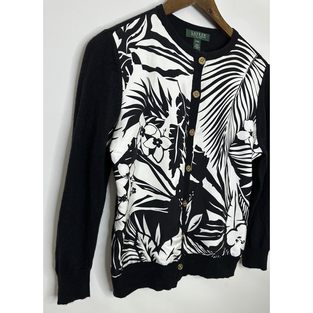 Lauren Ralph Lauren Silk Cashmere Tropical Floral Cardigan Black White Petite M - Picture 3 of 14